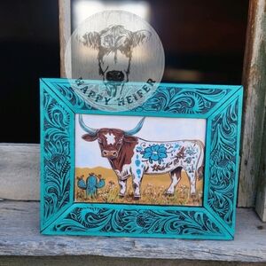 Turquoise Floral Handtooled Leather Picture Frame NWOT